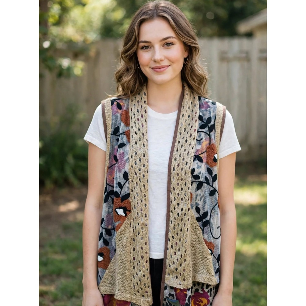 Multiples Vest Beige Knit Applique Open Front Draped Cozy Glam Winter Fall S